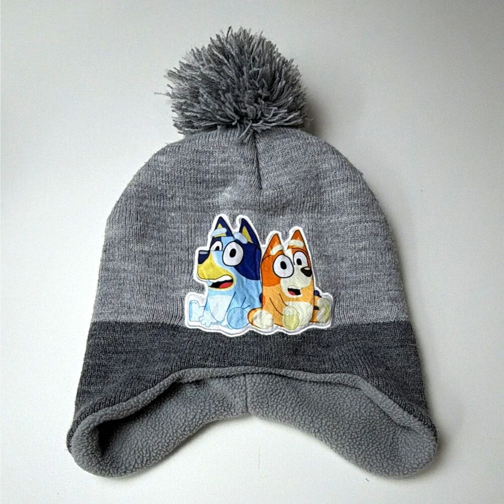 Bluey Bingo Unisex Kids Knit Beanie Ear Flap Pom-Pom Hat Gray One Size